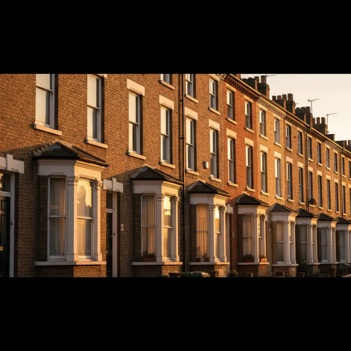 Row of Victorian terraced sash windows at golden hour on a UK street